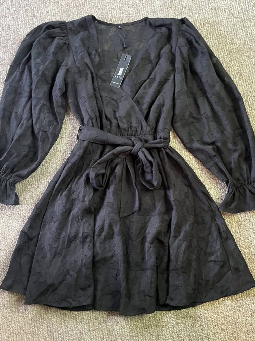 Women's Long-Sleeve V-Neck, Tie-Waist, Mini Black Party Dress - Small - New